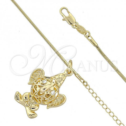 Oro Laminado Pendant Necklace, Gold Filled Style Elephant and Rat Tail Design, with White Crystal, Polished, Golden Finish, 04.63.0204