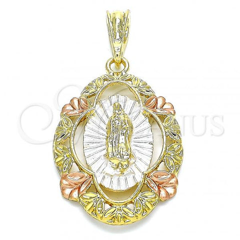 Oro Laminado Religious Pendant, Gold Filled Style Guadalupe Design, Polished, Tricolor, 05.380.0042