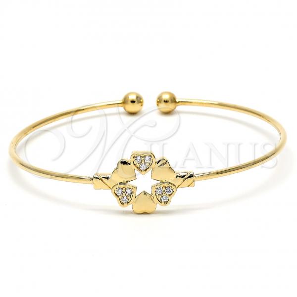 Oro Laminado Individual Bangle, Gold Filled Style Heart and Flower Design, with White Cubic Zirconia, Polished, Golden Finish, 07.63.0174 (05 MM Thickness, One size fits all)