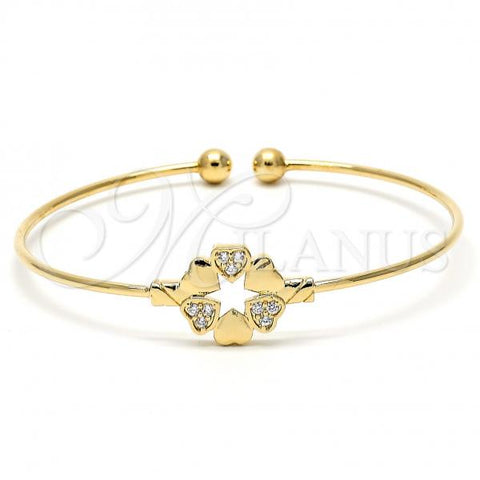Oro Laminado Individual Bangle, Gold Filled Style Heart and Flower Design, with White Cubic Zirconia, Polished, Golden Finish, 07.63.0174 (05 MM Thickness, One size fits all)