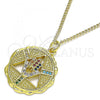 Oro Laminado Pendant Necklace, Gold Filled Style Hand of God Design, with Multicolor Micro Pave, Polished, Golden Finish, 04.313.0048.20