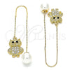 Oro Laminado Threader Earring, Gold Filled Style Owl Design, with White and Black Crystal, Polished, Golden Finish, 02.380.0030