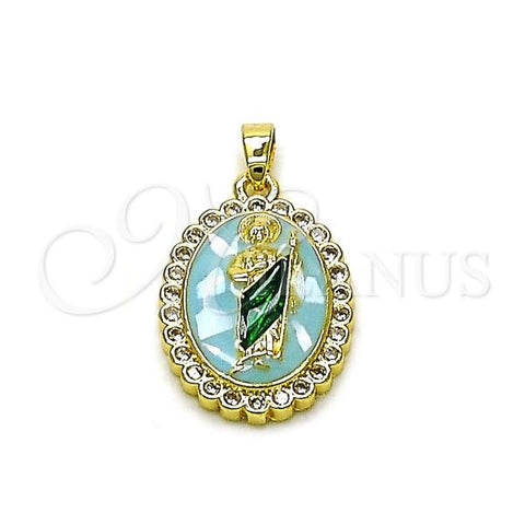 Oro Laminado Religious Pendant, Gold Filled Style San Judas Design, with White Cubic Zirconia, Light Blue Enamel Finish, Two Tone, 05.284.0017.2