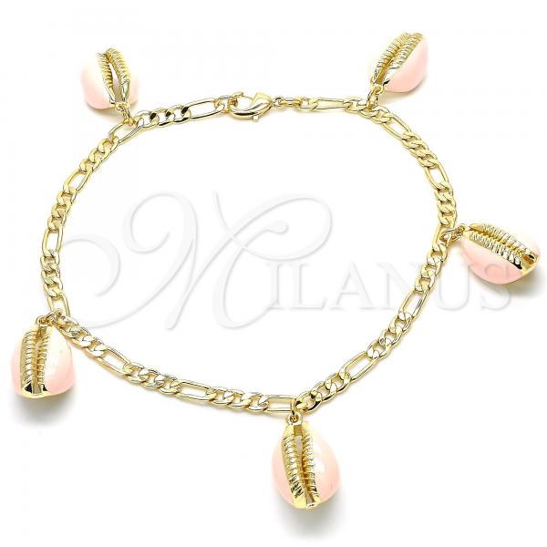 Oro Laminado Charm Anklet , Gold Filled Style Pink Enamel Finish, Golden Finish, 03.63.2093.1.10