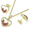 Oro Laminado Earring and Pendant Adult Set, Gold Filled Style Heart Design, with Garnet Micro Pave, Polished, Golden Finish, 10.284.0010.1