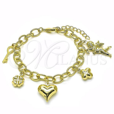Oro Laminado Charm Bracelet, Gold Filled Style Rolo and Heart Design, Polished, Golden Finish, 03.213.0256.07