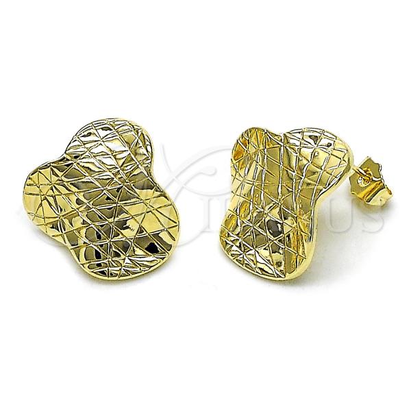 Oro Laminado Stud Earring, Gold Filled Style Flower Design, Diamond Cutting Finish, Golden Finish, 02.428.0009