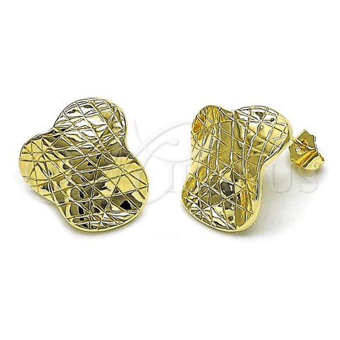 Oro Laminado Stud Earring, Gold Filled Style Flower Design, Diamond Cutting Finish, Golden Finish, 02.428.0009