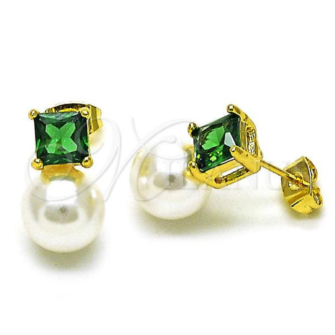 Oro Laminado Stud Earring, Gold Filled Style with Green Cubic Zirconia and Ivory Pearl, Polished, Golden Finish, 02.379.0073.1