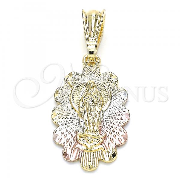 Oro Laminado Religious Pendant, Gold Filled Style Guadalupe Design, Polished, Tricolor, 05.351.0066