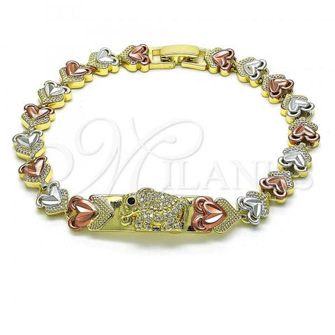 Oro Laminado Fancy Bracelet, Gold Filled Style Elephant and Heart Design, with White and Black Micro Pave, Polished, Tricolor, 03.253.0074.08