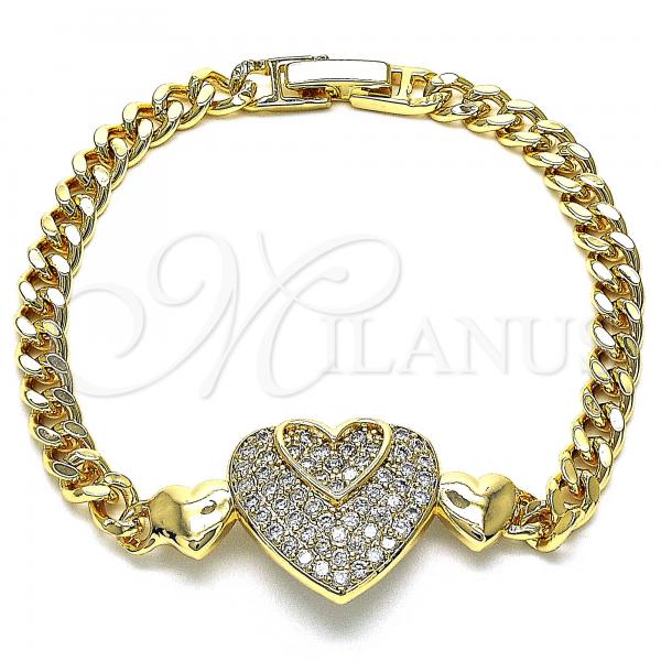 Oro Laminado Fancy Bracelet, Gold Filled Style Heart Design, with White Micro Pave, Polished, Golden Finish, 03.283.0157.07