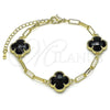 Oro Laminado Fancy Bracelet, Gold Filled Style Four-leaf Clover and Paperclip Design, with Black Crystal, Polished, Golden Finish, 03.319.0015.07