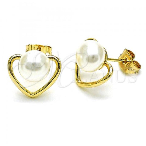 Oro Laminado Stud Earring, Gold Filled Style Heart Design, with Ivory Pearl, Polished, Golden Finish, 02.342.0226