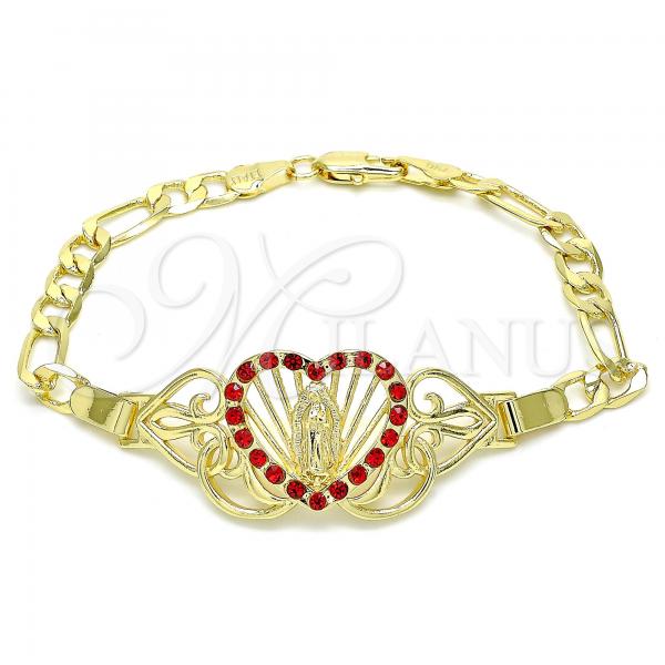 Oro Laminado Fancy Bracelet, Gold Filled Style Heart and Guadalupe Design, with Garnet Crystal, Polished, Golden Finish, 03.253.0063.2.07