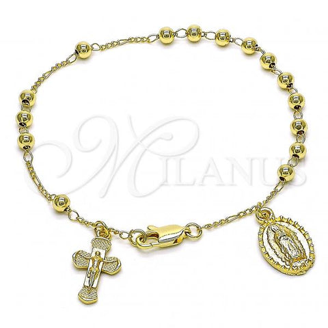 Oro Laminado Charm Bracelet, Gold Filled Style Guadalupe and Crucifix Design, Polished, Golden Finish, 03.253.0097.08