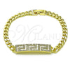 Oro Laminado ID Bracelet, Gold Filled Style Greek Key and Miami Cuban Design, with White Cubic Zirconia, Polished, Golden Finish, 03.411.0054.08