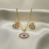 Oro Laminado Earring and Pendant Adult Set, Gold Filled Style Evil Eye Design, with Multicolor Micro Pave, White Enamel Finish, Golden Finish, 10.156.0364
