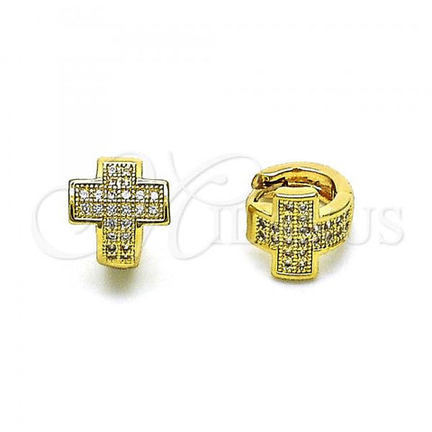 Oro Laminado Huggie Hoop, Gold Filled Style Cross Design, with White Micro Pave, Polished, Golden Finish, 02.195.0168.10