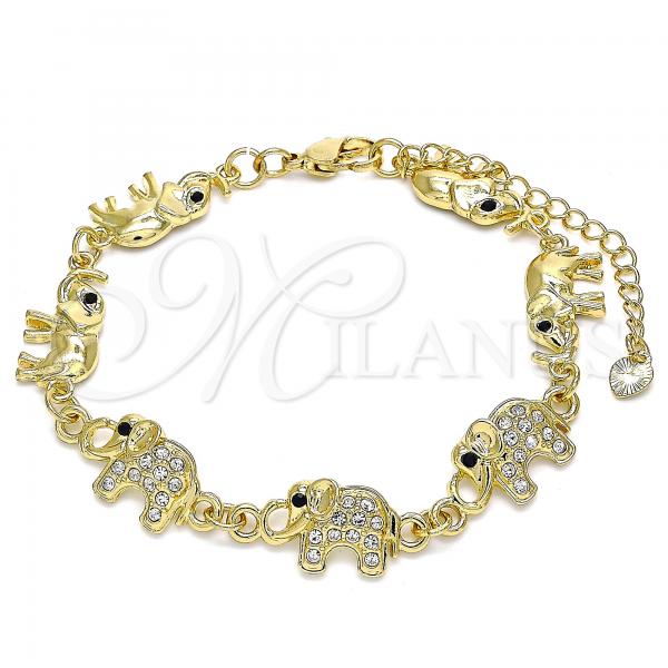 Oro Laminado Fancy Bracelet, Gold Filled Style Elephant Design, with White and Black Crystal, Polished, Golden Finish, 03.380.0035.07