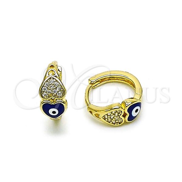 Oro Laminado Huggie Hoop, Gold Filled Style Heart and Evil Eye Design, with White Micro Pave, Blue Enamel Finish, Golden Finish, 02.213.0779.15