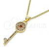 Oro Laminado Pendant Necklace, Gold Filled Style key Design, with Garnet Micro Pave, Polished, Golden Finish, 04.344.0007.1.20