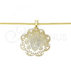 Oro Laminado Pendant Necklace, Gold Filled Style Guadalupe and Flower Design, Polished, Golden Finish, 04.106.0048.1.20