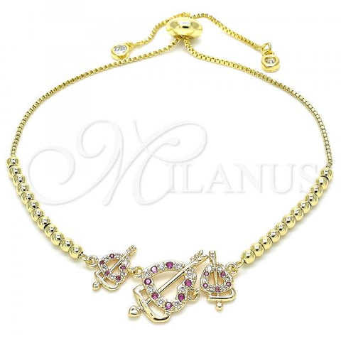 Oro Laminado Adjustable Bolo Bracelet, Gold Filled Style Heart Design, with Ruby and White Cubic Zirconia, Polished, Golden Finish, 03.233.0017.1.12