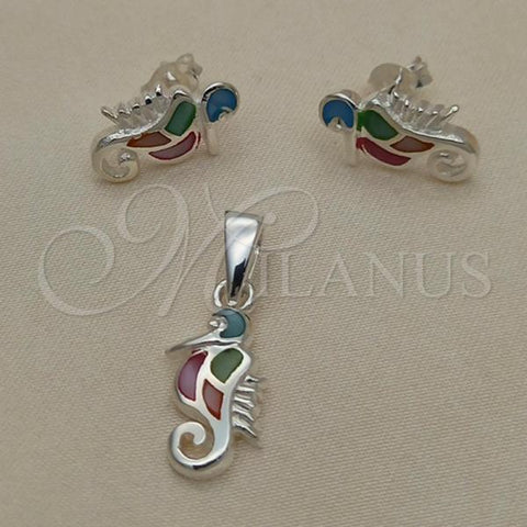 Sterling Silver Earring and Pendant Adult Set, Seahorse Design, with Multicolor Mother of Pearl, Polished, Silver Finish, 10.399.0010