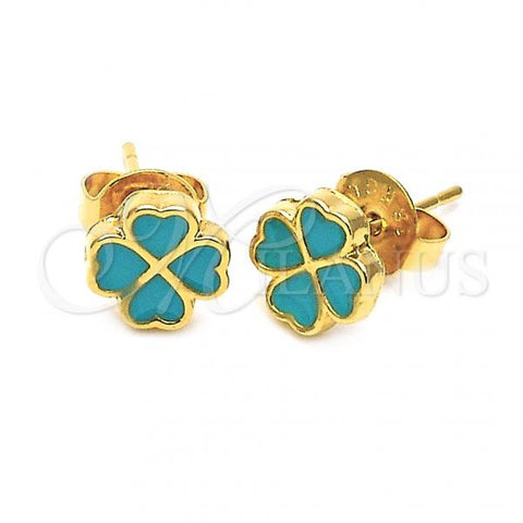 Oro Laminado Stud Earring, Gold Filled Style Flower and Heart Design, Turquoise Enamel Finish, Golden Finish, 02.64.0379 *PROMO*