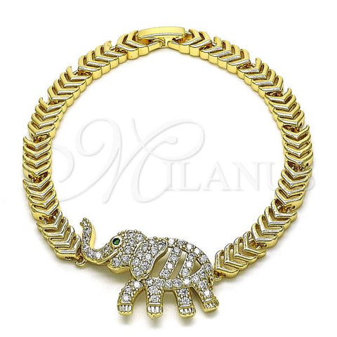 Oro Laminado Fancy Bracelet, Gold Filled Style Elephant Design, with White and Green Micro Pave, Polished, Golden Finish, 03.283.0351.07