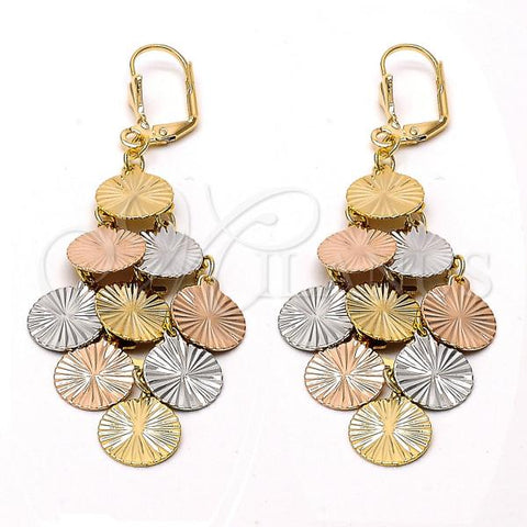 Oro Laminado Chandelier Earring, Gold Filled Style Diamond Cutting Finish, Tricolor, 62.005