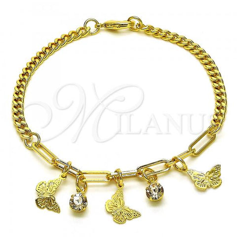 Oro Laminado Charm Bracelet, Gold Filled Style Butterfly and Paperclip Design, with White Crystal, Polished, Golden Finish, 03.63.2243.07