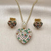 Oro Laminado Earring and Pendant Adult Set, Gold Filled Style Heart Design, with Multicolor Cubic Zirconia, Polished, Golden Finish, 10.283.0018.2