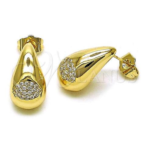 Oro Laminado Stud Earring, Gold Filled Style Teardrop and Evil Eye Design, with White Cubic Zirconia, Polished, Golden Finish, 02.283.0155