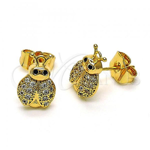 Oro Laminado Stud Earring, Gold Filled Style Ladybug Design, with White and Black Micro Pave, Polished, Golden Finish, 02.310.0095