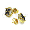 Oro Laminado Stud Earring, Gold Filled Style Flower Design, with Black Cubic Zirconia and White Micro Pave, Polished, Golden Finish, 02.387.0034.1