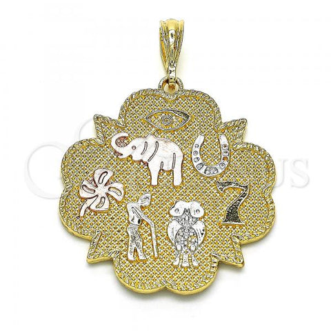 Oro Laminado Religious Pendant, Gold Filled Style Elephant and Owl Design, Polished, Tricolor, 05.351.0022