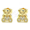 Oro Laminado Stud Earring, Gold Filled Style Teddy Bear Design, with White Micro Pave, Polished, Golden Finish, 02.210.0403