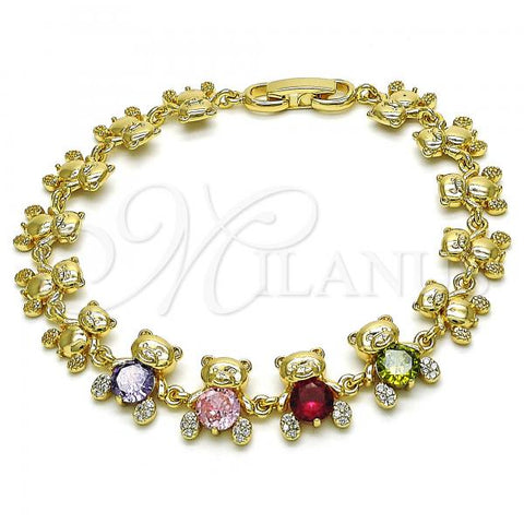 Oro Laminado Fancy Bracelet, Gold Filled Style Teddy Bear Design, with Multicolor Cubic Zirconia and White Micro Pave, Polished, Golden Finish, 03.283.0281.07