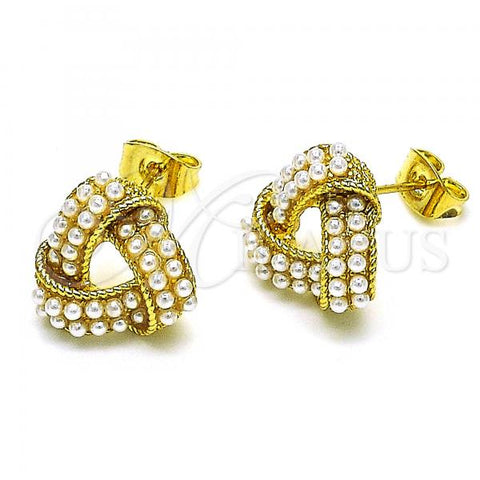 Oro Laminado Stud Earring, Gold Filled Style Love Knot Design, with Ivory Pearl, Polished, Golden Finish, 02.379.0023