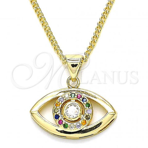Oro Laminado Pendant Necklace, Gold Filled Style Evil Eye Design, with Multicolor Micro Pave, Polished, Golden Finish, 04.156.0302.2.20