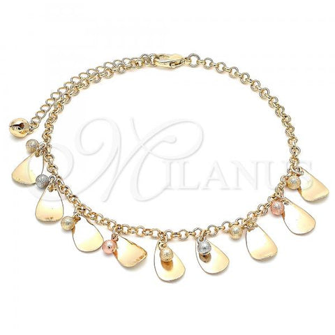 Oro Laminado Charm Anklet , Gold Filled Style Ball and Teardrop Design, Matte Finish, Tricolor, 03.331.0059.10
