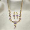 Oro Laminado Necklace and Earring, Gold Filled Style Flower and Teardrop Design, with Amethyst Cubic Zirconia, Polished, Golden Finish, 06.221.0016.1