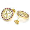 Oro Laminado Stud Earring, Gold Filled Style Flower Design, with Ruby and White Micro Pave, Polished, Golden Finish, 02.233.0017.2