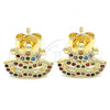 Oro Laminado Stud Earring, Gold Filled Style Crown Design, with Multicolor Micro Pave, Polished, Golden Finish, 02.233.0007