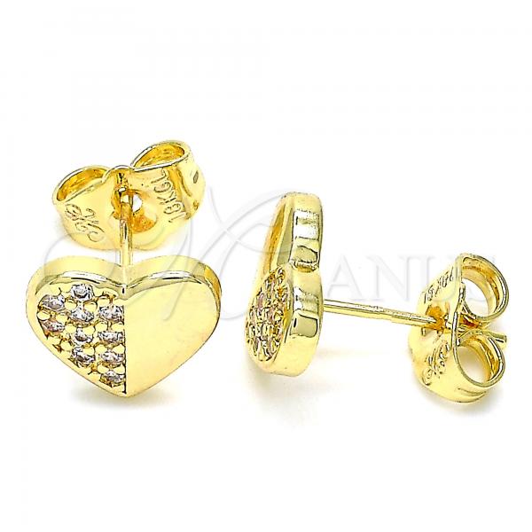 Oro Laminado Stud Earring, Gold Filled Style Heart Design, with White Micro Pave, Polished, Golden Finish, 02.156.0491