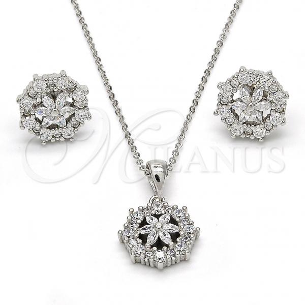 Sterling Silver Earring and Pendant Adult Set, Flower Design, with White Cubic Zirconia, Polished, Rhodium Finish, 10.175.0020