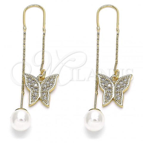 Oro Laminado Threader Earring, Gold Filled Style Butterfly Design, with White Micro Pave, Polished, Golden Finish, 02.210.0361