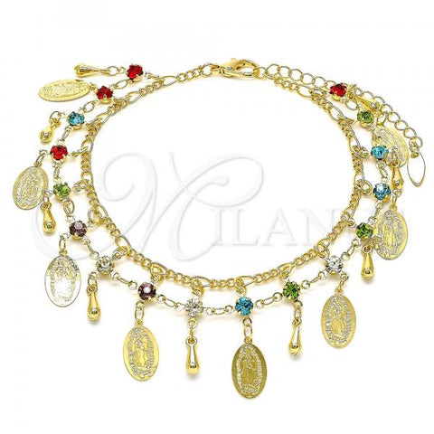 Oro Laminado Charm Anklet , Gold Filled Style Guadalupe and Teardrop Design, with Multicolor Crystal, Polished, Golden Finish, 03.383.0014.10